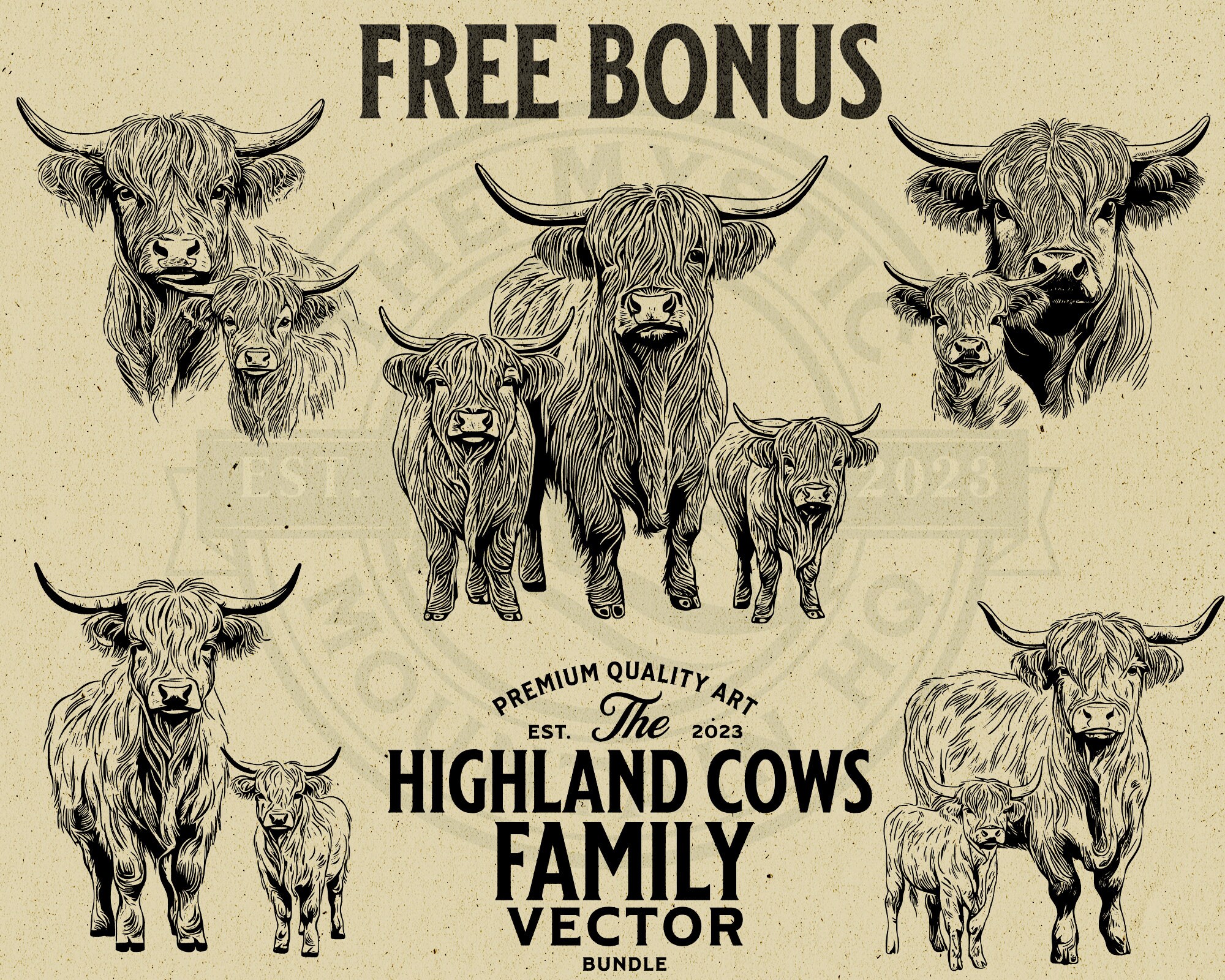 Vintage Highland Cow Vector Illustration Bundle (PNG, SVG, EPS) - Etsy