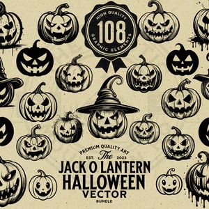 Puede incluir: Una colección de ilustraciones de Jack O'Lantern en blanco y negro. Algunas calabazas tienen caras talladas, otras llevan sombreros de bruja. La imagen incluye el texto "Jack O Lantern Halloween Vector Bundle" y "High Quality Graphic Elements".