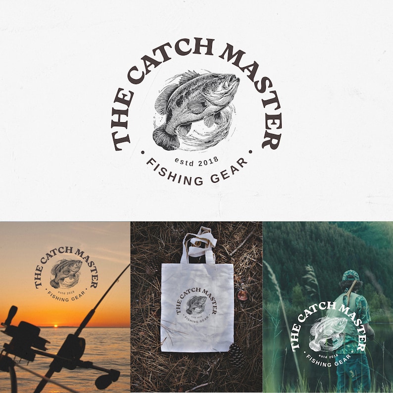 May include: A black and white logo for a fishing gear company called "The Catch Master" featuring a bass fish illustration and the text "estd 2018" and "Fishing Gear".