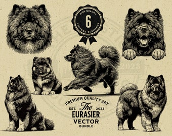 Op de afbeelding: Zes zwart-wit illustraties van Eurasier-honden in verschillende poses. De illustraties zijn in vintage stijl en maken deel uit van een vectorbundel.