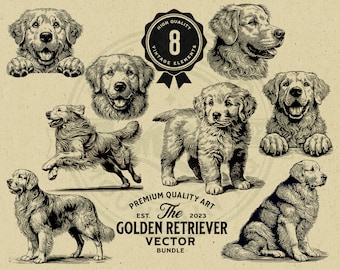 Golden Retriever Pet Dog Vector Animal Illustration Bundle, SVG, PNG Digital Download, Print on Demand, Wall Art, Cricut, Clipart, Logo, Mug