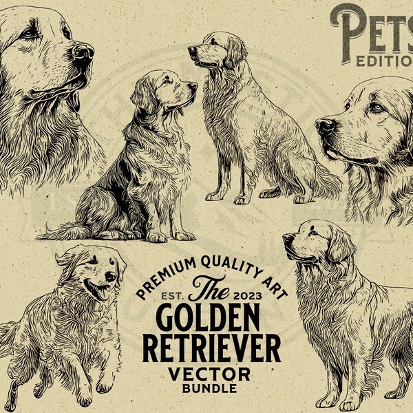 Golden Retriever Pet Dog Vector Animal Illustration Bundle, SVG, PNG Digital Download, Print on Demand, Wall Art, Cricut, Clipart, Logo, Mug