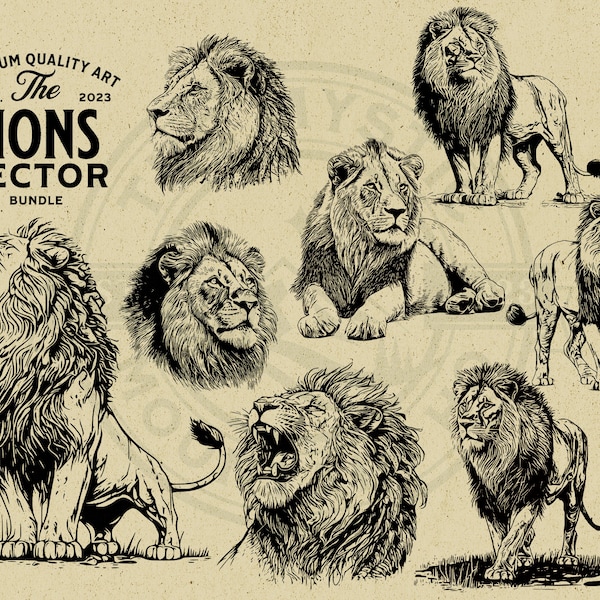 Paquete de ilustración de animales vectoriales de león, rústico, diseño vintage, uso comercial, para impresión bajo demanda, arte de pared, cricut, imágenes prediseñadas, logotipo