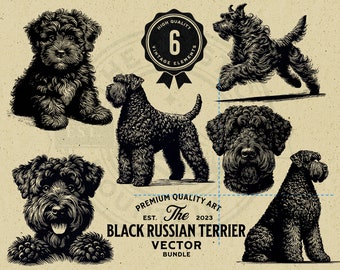 Puede incluir: Seis ilustraciones en blanco y negro de Black Russian Terriers en varias poses. Las ilustraciones son de estilo vintage y son perfectas para usar en una variedad de proyectos.