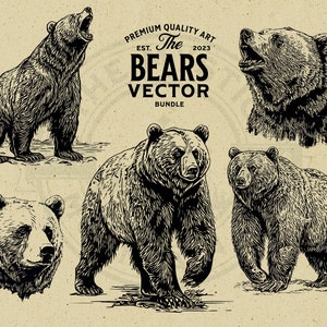 Grizzly Bear Vector Illustration Bundle, Rustic and Vintage Design - Commercial Use - Instant Download - PNG, SVG, EPS  for Print on Demand