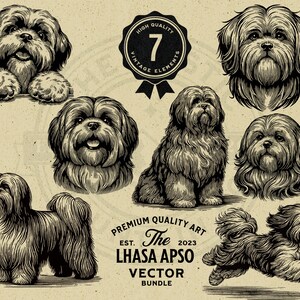 May include: A set of seven vintage illustrations of Lhasa Apso dogs in various poses. The illustrations are in black and white and have a hand-drawn style. The text "The Lhasa Apso" is included in the image.