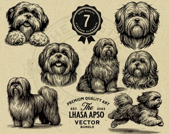 Op de afbeelding: Een set van zeven vintage illustraties van Lhasa Apso honden in verschillende poses. De illustraties zijn in zwart-wit en hebben een handgetekende stijl. De tekst "The Lhasa Apso" is opgenomen in de afbeelding.