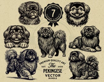 May include: A set of seven black and white vector illustrations of Pekingese dogs in various poses. The illustrations are in a vintage style and are ideal for use in design projects.