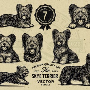 Könnte beinhalten: Ein Vektor-Bundle im Vintage-Stil mit sieben Illustrationen von Skye Terriern in verschiedenen Posen. Die Schwarz-Weiß-Zeichnungen zeigen die Hunde mit detailliertem Fell und ausdrucksstarken Gesichtern. Das Design enthält den Text "The Skye Terrier Vector Bundle."