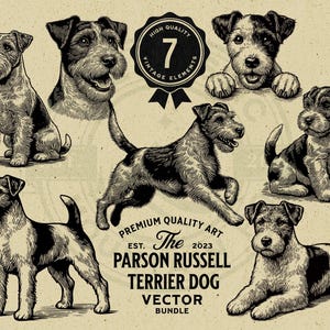 Può includere: Un set di sette illustrazioni vintage di Parson Russell Terrier in bianco e nero. Le illustrazioni sono in varie pose, tra cui seduto, in piedi e sdraiato. Le illustrazioni sono etichettate "The Parson Russell Terrier Dog Vector Bundle".
