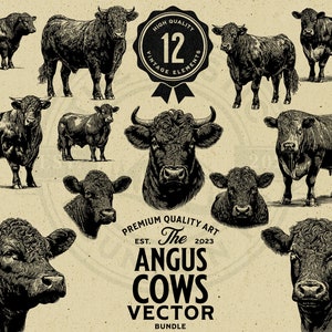 Pacote de ilustração vetorial vintage de vaca Angus, download instantâneo PNG, SVG, EPS, uso comercial, sublimação, Cricut, laser, impressão sob demanda