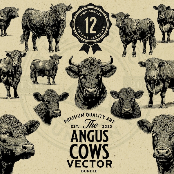 Angus Cow Vintage Vector Illustration Bundle, Instant Download PNG, SVG, EPS, Commercial Use, Sublimation, Cricut, Laser, Print on Demand