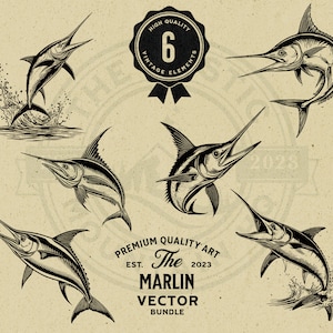 May include: Six black and white vintage illustrations of marlin fish. The marlin are depicted in various poses, including jumping out of the water and swimming. The illustrations are set against a light brown background.