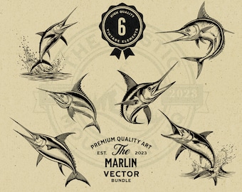 May include: Six black and white vintage illustrations of marlin fish. The marlin are depicted in various poses, including jumping out of the water and swimming. The illustrations are set against a light brown background.