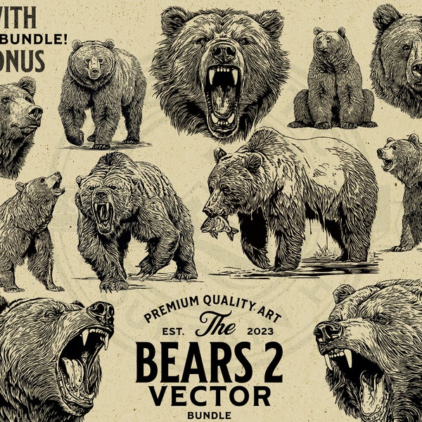 Grizzly Bear, Bear Head Vector Illustration Bundle, Commercial Use, Instant Download, PNG, SVG, EPS, Print on Demand, Cricut, Laser, Logo