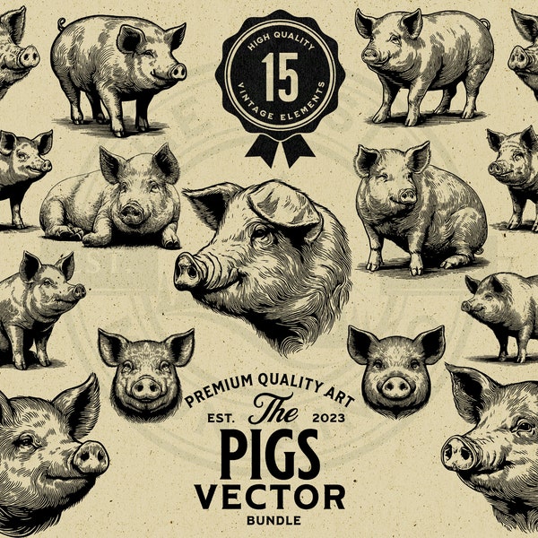 Farm Pig Vintage Vector Illustration Bundle, Instant Download PNG, SVG, EPS, Commercial Use, Sublimation, Cricut, Laser, Print on Demand