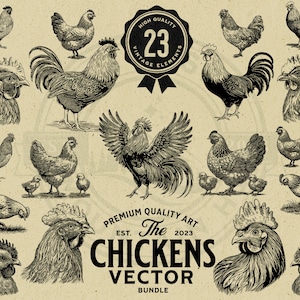 Zestaw ilustracji wektorowych w stylu vintage z kurczakiem, kurą i kogutem, natychmiastowe pobieranie, PNG, SVG, EPS, sublimacja, Cricut, laser, druk na żądanie