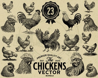 Chicken Hen and Rooster Vintage Vector Illustration Bundle, Instant Download, PNG, SVG, EPS, Sublimation, Cricut, Laser, Print on Demand