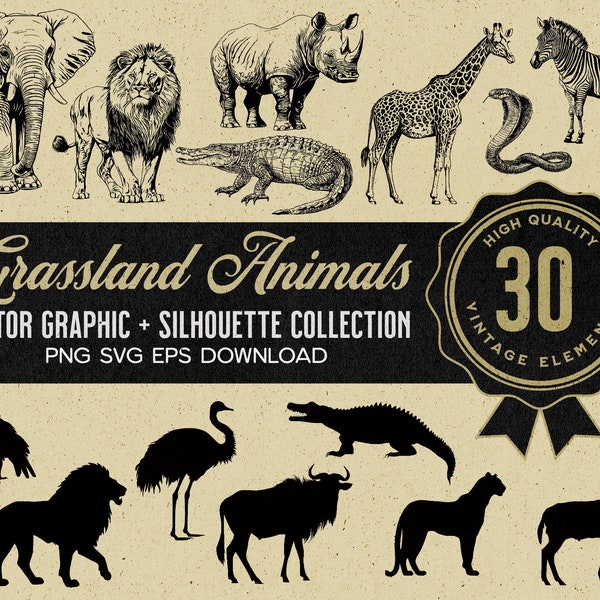 30 Vintage Grassland Wild Animals (15 Illustration + 15 Silhouette) Bundle, Digital Download, SVG, PNG Wall Art, Cricut, Clipart, Logo, Mug,