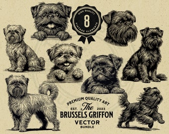Op de afbeelding: Acht vintage illustraties van Brusselse Griffons in zwart-wit. De honden zijn afgebeeld in verschillende poses, waaronder zittend, staand en naar de kijker kijkend. De illustraties zijn in een gedetailleerde, realistische stijl.