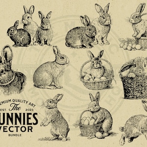 May include: A set of ten vintage illustrations of bunnies in various poses, including some holding baskets of eggs. The illustrations are in black and white and have a rustic, antique feel.