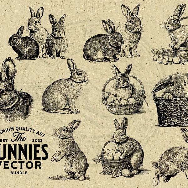 Ultimate Bunny Vector Illustration Bundle, Vintage Design, PNG, SVG, EPS, Easter Print on Demand, Clipart, Cricut, Wall Art, Tshirts, Logos