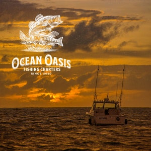 May include: A fishing boat with the text "Ocean Oasis Fishing Charters Since 2020" on the side, is sailing on the water at sunset. The sky is a vibrant orange and yellow.
