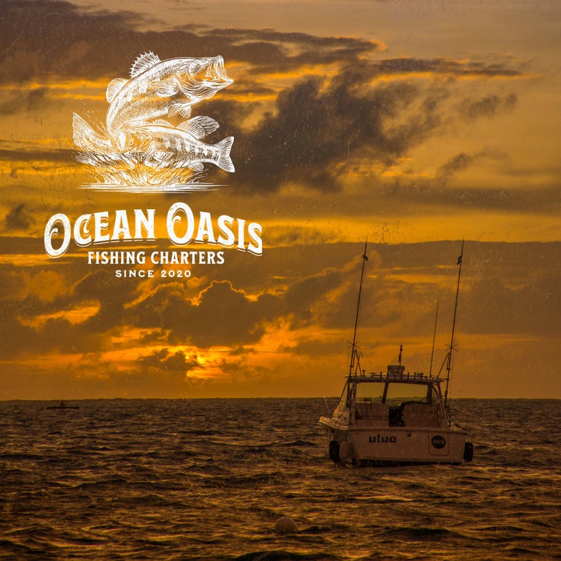 May include: A fishing boat with the text "Ocean Oasis Fishing Charters Since 2020" on the side, is sailing on the water at sunset. The sky is a vibrant orange and yellow.