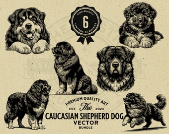 Paquete de ilustraciones vectoriales de perros pastores caucásicos (descarga digital)