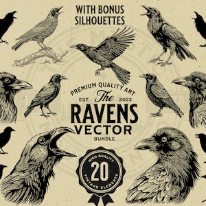 20 Gothic Raven Vintage Illustration Bundle for Spooky Halloween, PNG, SVG, EPS, Print on Demand, Cricut, Laser, Logo, Clipart, Scrapbook