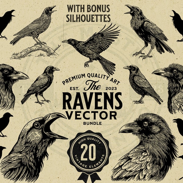 20 Gothic Raven Vintage Illustration Bundle for Spooky Halloween, PNG, SVG, EPS, Print on Demand, Cricut, Laser, Logo, Clipart, Scrapbook