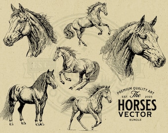 Horse Vector Animal Illustration Bundle, SVG, PNG, EPS Vintage Design, Commercial Use, for Print on Demand, Wall Art, Cricut, Clipart, Logo