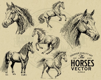 Può includere: Un set di cinque disegni in bianco e nero di cavalli in varie pose. I disegni sono su uno sfondo beige. Il testo "The Horses Vector Bundle" è in basso nell'immagine.