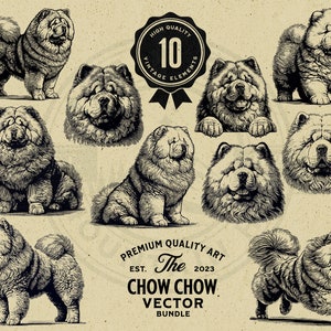 May include: A set of 10 vintage illustrations of Chow Chow dogs in various poses. The illustrations are in black and white and have a detailed, realistic style. The illustrations are perfect for use in a variety of projects, such as greeting cards, invitations, and website designs.