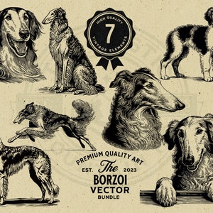 May include: A set of seven black and white vector illustrations of Borzoi dogs in various poses. The illustrations are in a vintage style and are perfect for use in design projects.