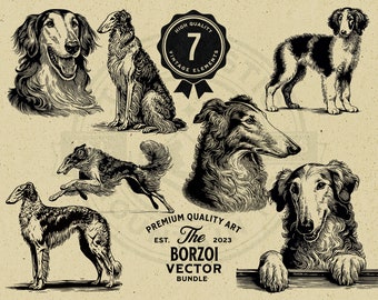 Op de afbeelding: Een set van zeven zwart-wit vectorillustraties van Borzoi-honden in verschillende poses. De illustraties zijn in vintage stijl en zijn perfect voor gebruik in designprojecten.
