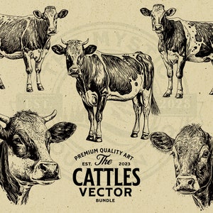 Cattle Cow Vector Animal Illustration Bundle, Vintage, Cut File, SVG, PNG, Commercial Use, Print on Demand, Wall Art, Cricut, Clipart, Logo
