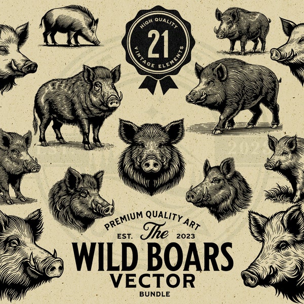 Wildschwein Vintage Vektor Illustration Bundle, Sofortiger Download PNG, SVG, EPS, kommerzielle Nutzung, Sublimation, Cricut, Laser, Print on Demand