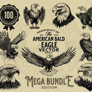 American Bald Eagle Vector Illustration Bundle, Rustic and Vintage Design - Instant Download - PNG, SVG, EPS - great for Print on Demand