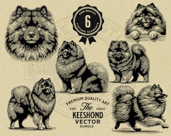 Op de afbeelding: Zes zwart-wit illustraties van Keeshond-honden in verschillende poses. De illustraties zijn in vintage stijl en zijn geplaatst op een beige achtergrond. De tekst "HIGH QUALITY", "VINTAGE ELEMENTS", "6", "PREMIUM QUALITY ART", "EST. The 2023 KEESHOND VECTOR BUNDLE" is opgenomen in de afbeelding.