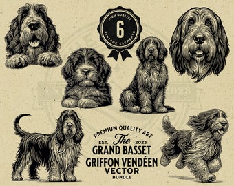 May include: A set of six black and white illustrations of Grand Basset Griffon Vendéen dogs in various poses. The illustrations are in a vintage style and are perfect for use in a variety of projects.