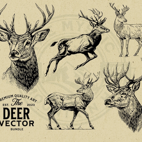 Deer Vector Illustration Bundle, SVG, PNG, Vintage, Cut File, Commercial Use, Instant Download, Print on Demand, Clipart, Cricut, Wall Art