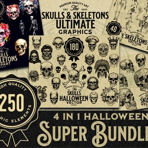 250 Schädel und Skelette Super Bundle für Halloween PNG, SVG, EPS, Clipart, kommerzielle Nutzung, Sublimation, Cricut, Laser, Print on Demand