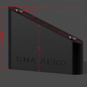 May include: A black rectangular object with an angled top, featuring the embossed text "GNA AERO." The design includes measurements labeled "H_MAX," "H," and "H_MIN," with an "ANGLE" indicator. The object has a sleek, modern aesthetic.