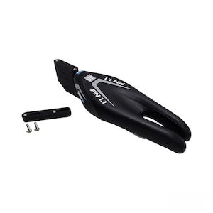 May include: A black bicycle saddle with the text "PN 1.1" in white and silver. The saddle has a split nose design and comes with mounting hardware. The saddle is designed for comfort and performance.