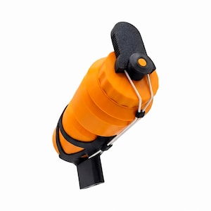 May include: An orange water bottle with a black handle and a black cage-like holder. The bottle has a white cord attached to the handle. The bottle is cylindrical and has a screw-on cap. The handle has a small orange button.