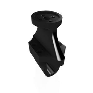 May include: A black, 3D-printed bracket with a circular top featuring multiple holes. The bracket has a curved, tapered body and a rectangular base with two holes. The object is designed for mounting.