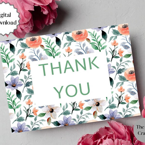 Thank You Card Flower Printable Card Appreciation Card For Mum Instant Download Green Card Floral Design Colour Card For Friend