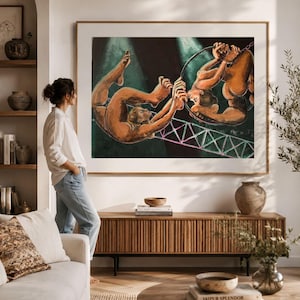 Zirkus Akrobatik Kunstdruck, Surreale Trapez Wandkunst, Open Edition Print