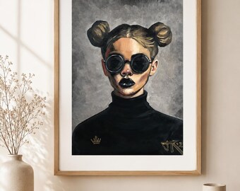 Gothic Girl Portrait Art Print, Moody Fashion Illustration, Black Lipstick Sunglasses (Digital Download)